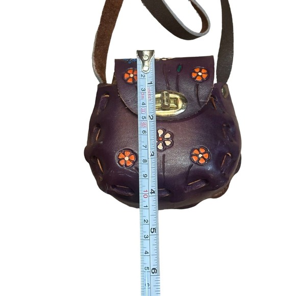 cute small mexico leather bag purple shoulder artisan painted boho hippie cool - Picture 11 of 13